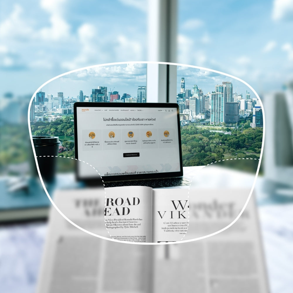 ภาพเลนส์โปรเกรสซีฟที่ใช้สำหรับมองเห็นทุกระยะทั้งใกล้ กลาง และไกลในเลนส์เดียว